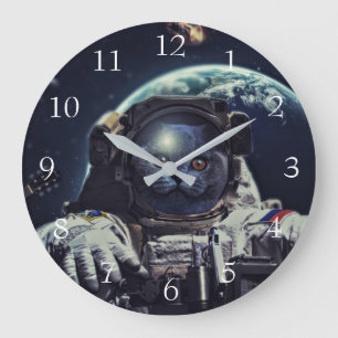 Funny Astronaut Shorthair Cat in Space             Large Clock