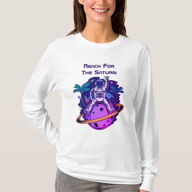 Funny Astronaut Sitting On Saturn  T-Shirt (Front)