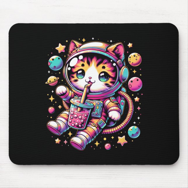 Funny Astronaut Space Kawaii Boba Tea Cat  Mouse Pad (Front)