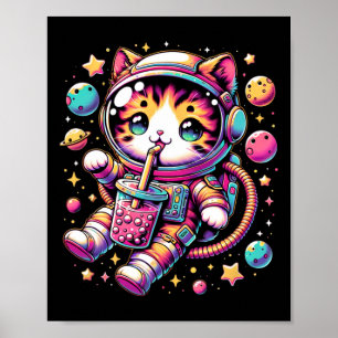 Funny Astronaut Space Kawaii Boba Tea Cat  Poster