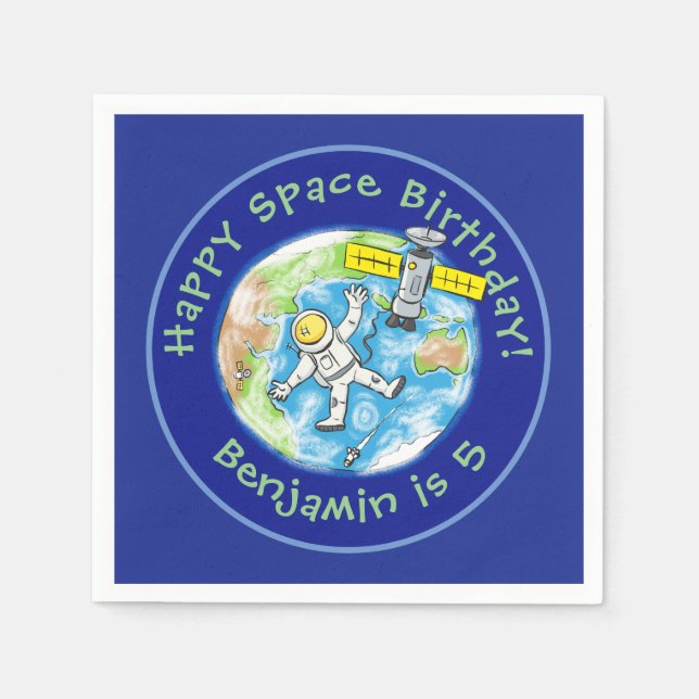 Funny astronaut with satellite over earth cartoon napkin (Front)