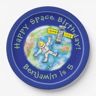 Funny astronaut with satellite over earth cartoon paper plate