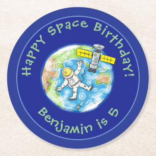 Funny astronaut with satellite over earth cartoon round paper coaster