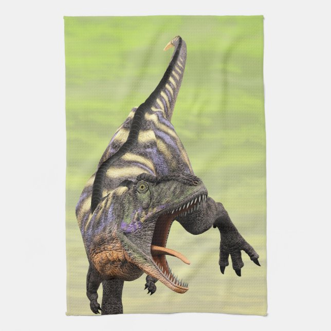 Funny Aucasaurus Roaring Prehistoric Dino Art Tea Towel (Vertical)