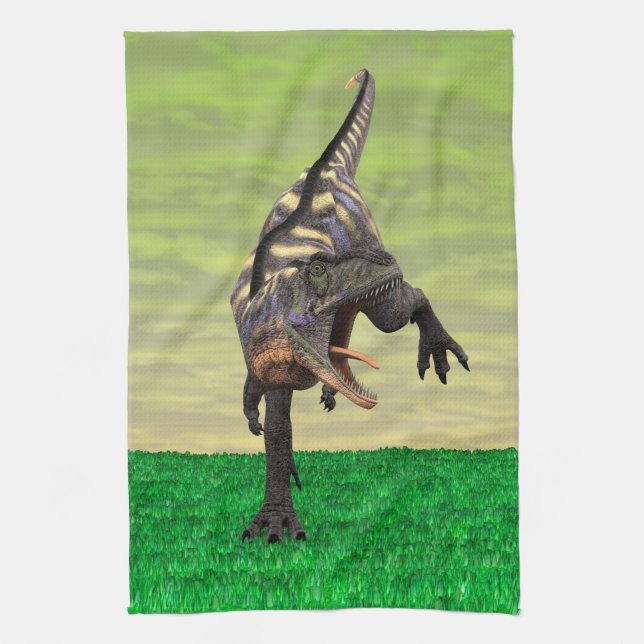Funny Aucasaurus Roaring Prehistoric Dino Art Tea Towel (Vertical)