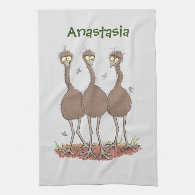 Funny Australian emu trio cartoon illustration Tea Towel (Vertical)