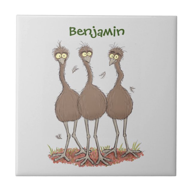 Funny Australian emu trio cartoon illustration Tile (Front)