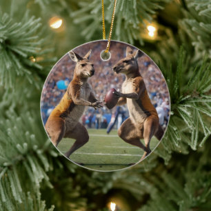 Funny Australian Kangaroos Playing Football, Ceramic Tree Decoration