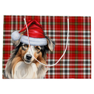 Funny Australian Shepherd Christmas Plaid Large Gift Bag