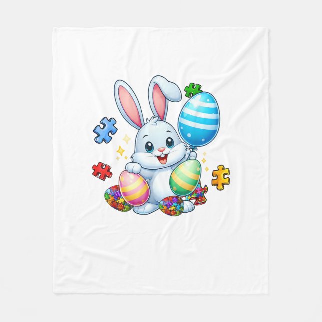 Funny Autism Awareness Puzzle Easter Bunny Eggs Ki Fleece Blanket (Front)