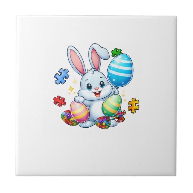 Funny Autism Awareness Puzzle Easter Bunny Eggs Ki Tile (Front)