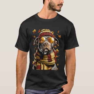 Funny Autumn Pit Bull Dog with Sunglasses Fall Lea T-Shirt