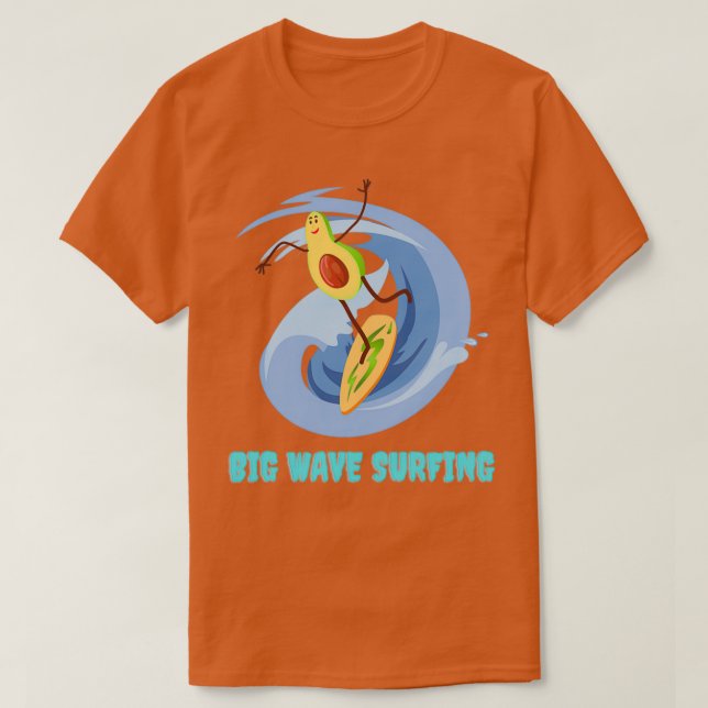 Funny Avocado Surfing Big Waves T-Shirt (Design Front)