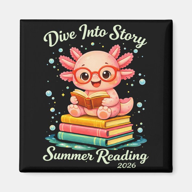 Funny axolotl dive into story summer reading kids magnet (Front)