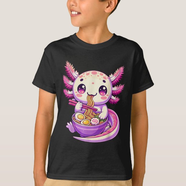 Funny Axolotl Noodle Anime Kawaii Axolotl Eating R T-Shirt (Front)