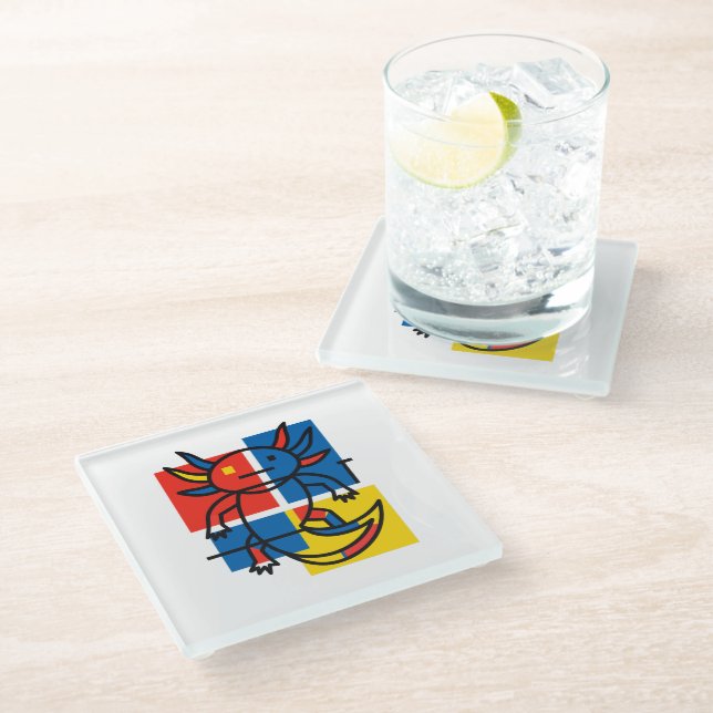 Funny Axolotl Piet Mondrian Abstract Art Pattern Glass Coaster (Angled)