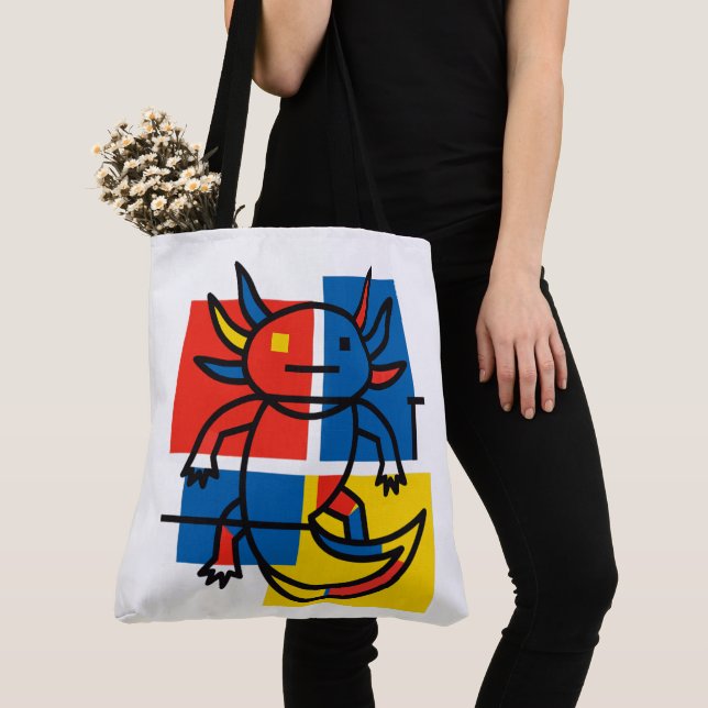 Funny Axolotl Piet Mondrian Abstract Art Pattern Tote Bag (Close Up)