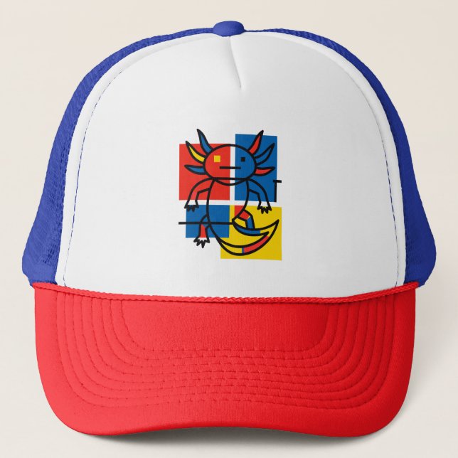 Funny Axolotl Piet Mondrian Abstract Art Pattern Trucker Hat (Front)