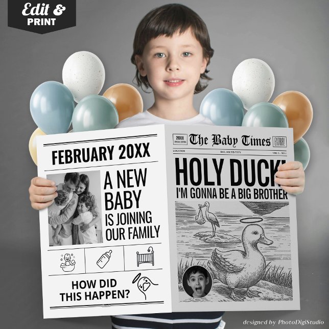 Funny Baby Announcement Holy Duck Newspaper  (Funny Baby Announcement Newspaper, Holy Duck Pregnancy Announcement Newspaper Card Brother Sister)