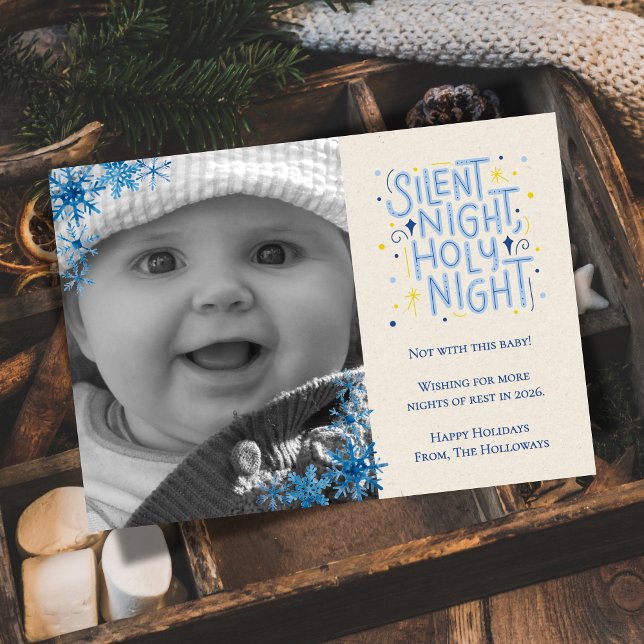 Funny Baby Blue Silent Night One Photo Holiday Card (Spread holiday cheer with humor with this "Silent Night" newborn holiday card.)