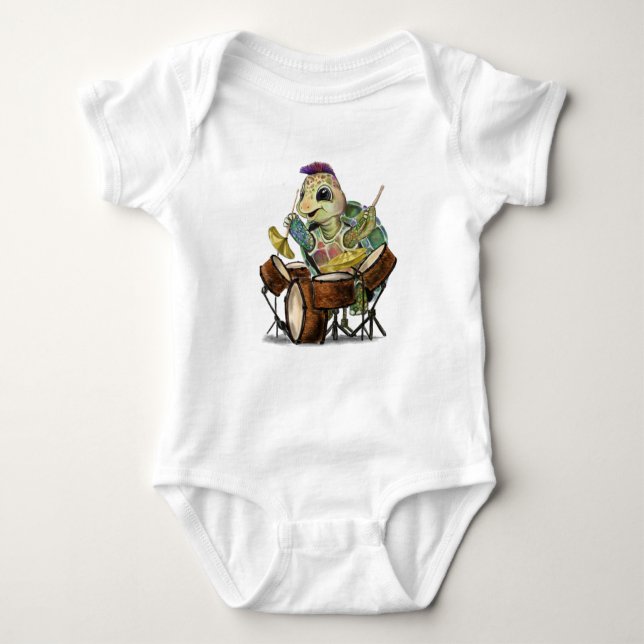 Funny Baby Bodysuit with Turtle Drummer (Front)