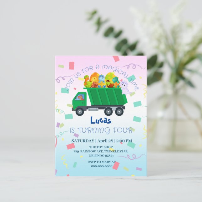 Funny baby dinosaur garbage truck Birthday Name Postcard (Standing Front)