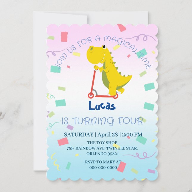 Funny baby dinosaur  Scooter Toy Birthday DIY Name Invitation (Front)