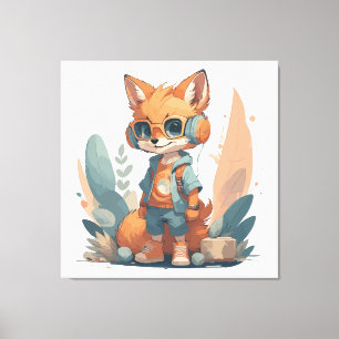 Funny baby fox headphone canvas print