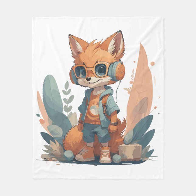 Funny baby fox headphone fleece blanket (Front)