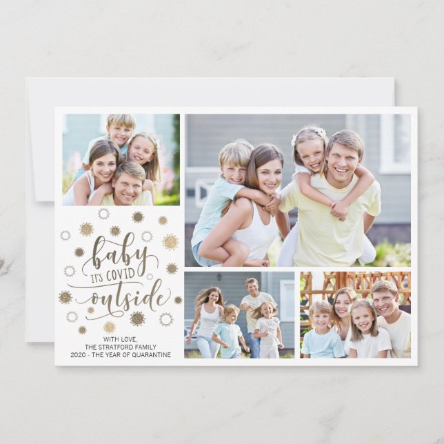 Funny BABY IT'S COVID OUTSIDE 4 Photos Gold Holiday Card (Front)