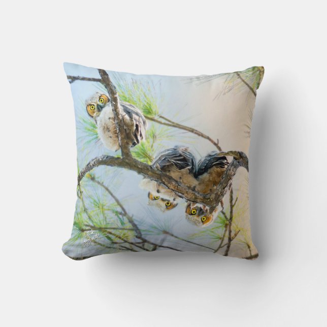 Funny Baby Owls on a Limb w/Yellow Eyes Fine Art Cushion (Front)