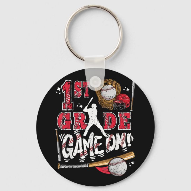 Funny Back To School 1st Grade Baseball Game On Fi Key Ring (Front)