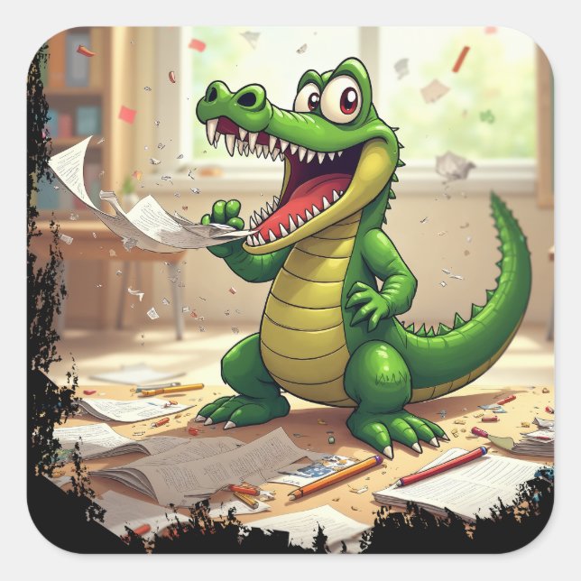 Funny Back to School Dinosaur Eating Homework Square Sticker (Front)