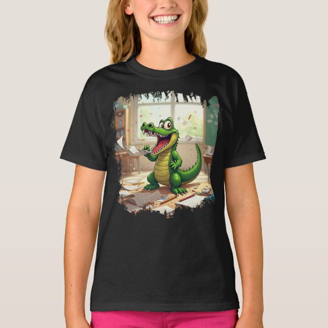 Funny Back to School Dinosaur Eating Homework T-Shirt (Front)