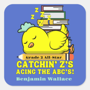 Funny Back to School Grade Name Sleeping Chicken Square Sticker