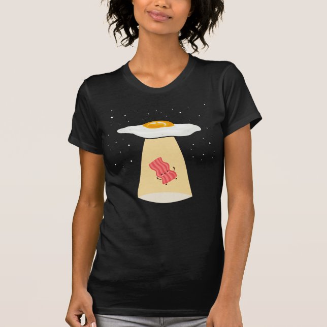 Funny Bacon Egg Abducting Breakfast Food T-Shirt (Front)