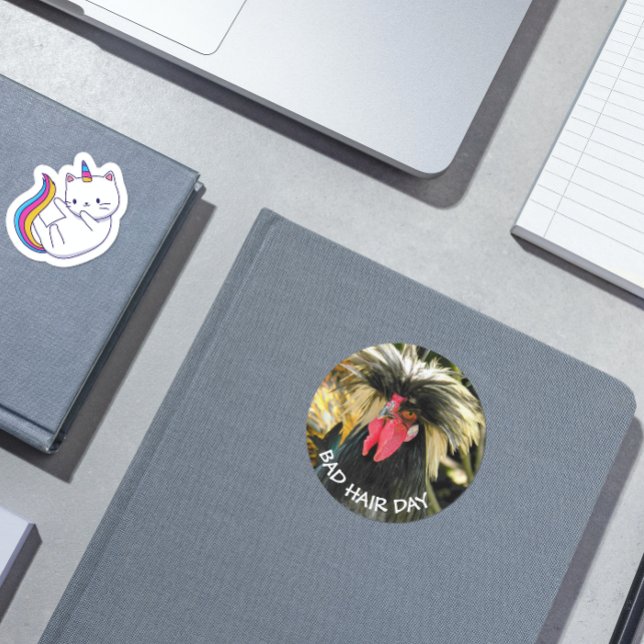 Funny Bad Hair Day Chicken Meme Classic Round Sticker (In Situ Book)