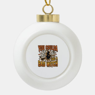 Funny Bad Witch Halloween Vintage Engraving Design Ceramic Ball Christmas Ornament