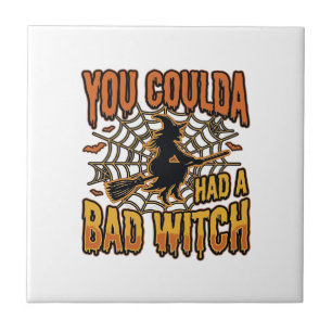 Funny Bad Witch Halloween Vintage Engraving Design Tile