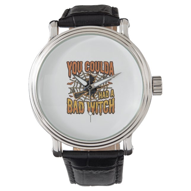 Funny Bad Witch Halloween Vintage Engraving Design Watch (Front)