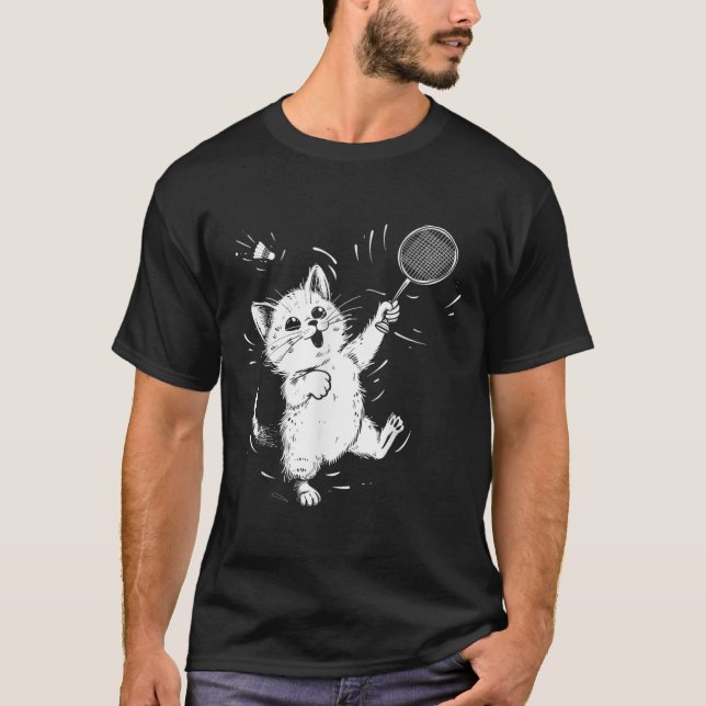 Funny Badminton Cute Cat Badminton Player Shuttle  T-Shirt (Front)