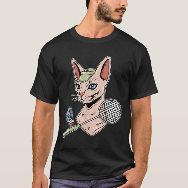 Funny Badminton Devon Rex Cat Shuttle  T-Shirt (Front)