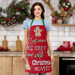Funny Bake & Watch Christmas Movies Red Green Apron<br><div class="desc">This funny "I just wanna bake and watch Christmas movies" apron features a gingerbread man and Christmas cookies and text in red and green on a Christmas red background with snowflakes.  Great gift for the girl who loves to bake and to watch romantic Christmas movies!</div>