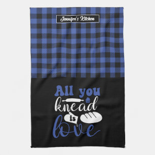 Funny Baker Pun All You Knead Is Love Plaid Tea Towel