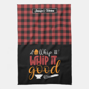 Funny Baker Pun Whip It Good Red Plaid Pattern Tea Towel