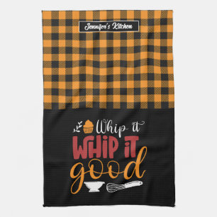 Funny Baking Pun Whip It Good Yellow Plaid Pattern Tea Towel