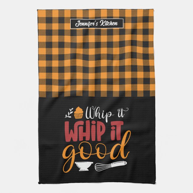Funny Baking Pun Whip It Good Yellow Plaid Pattern Tea Towel (Vertical)