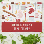 Funny Baking Saying Modern Kitchen Red Tea Towel<br><div class="desc">Funny Baking Saying Modern Kitchen Red Kitchen Towel Tea Towel features a colourful kitchen themed pattern with the editable text "Baking is cheaper than therapy" in modern script typography. Perfect gift for those who enjoy baking, cooking and being in the kitchen for Christmas, birthday, Mother's Day and for those that...</div>