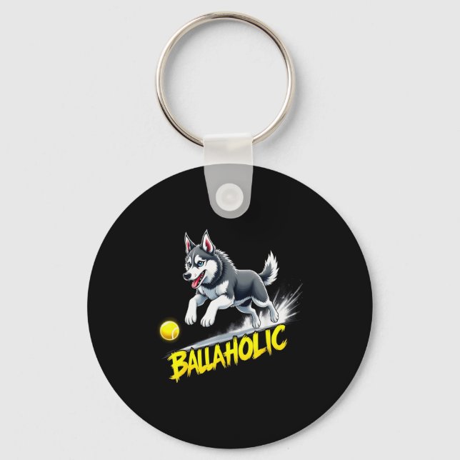 Funny Ballaholic Siberian Husky Dog Chasing Ball  Key Ring (Front)