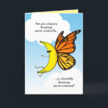 Funny Banana Butterfly Happy Birthday Greeting Card<br><div class="desc">Brighten someone's special day with a hilarious banana birthday greeting card! The unique, original illustration by Raphaela Wilson depicts a cool yellow banana wearing sunglasses with orange monarch butterfly wings, sparking the age-old question: "Are you a banana dreaming you're a butterfly, or a butterfly dreaming you're a banana?" It's a...</div>